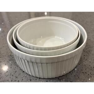 Set of 3 Vintage Pillivuyt France Porcelain Pleated Soufflé Dishes White Nesting